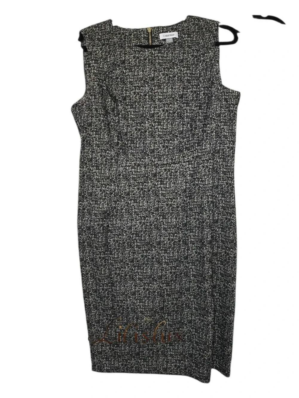 Calvin Klein Black White And Gold Tweed Sheath Dress Knee Length Size 14 GUC